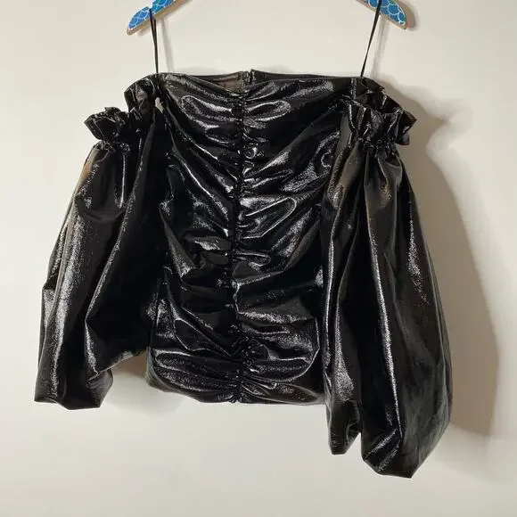 ROTATE BIRGER CHRISTENSEN Black Phoebe Vinyl Off Shoulder Mini Dress - Picture 4 of 10